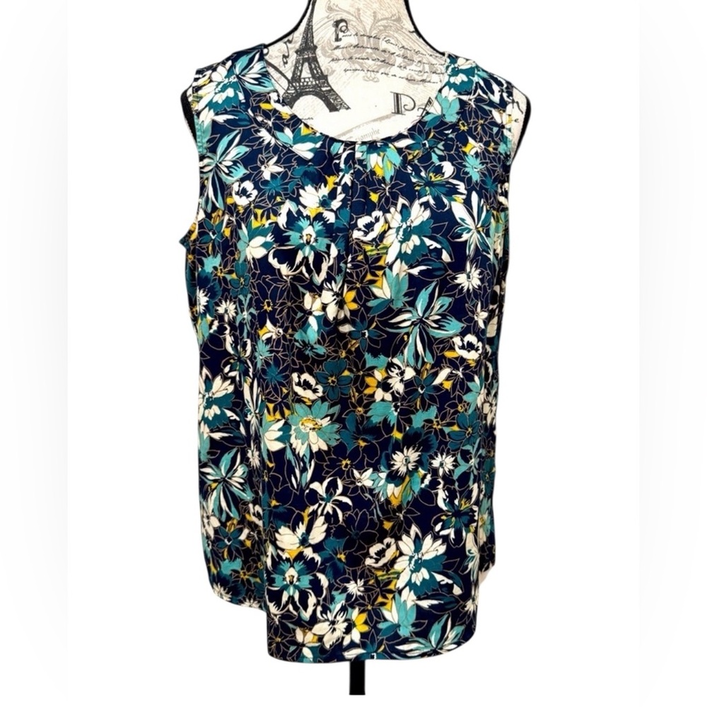 Talbots Blue and Turquoise Floral Cotton Sleeveless Blouse size Medium Petite
